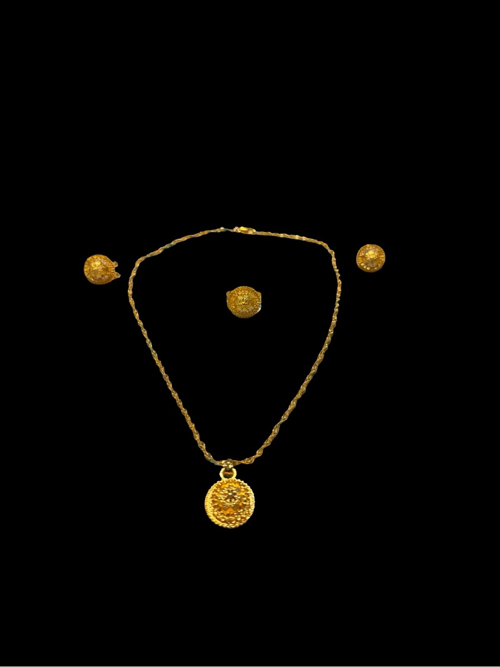 24k Dubai  Gold Plated Necklace Rope Style Chain W/Pendant , Earrings & Ring Set